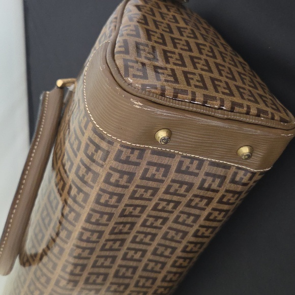 Fendi 1990s Zucca Coated Canvas Boston Bag w/textured leather- rare collectable